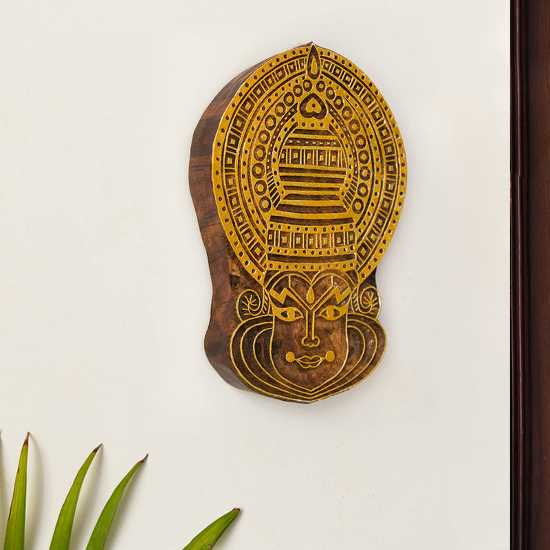 ExclusiveLane 'Kathakali' Hand Carved Sheesham Wood Blocks Hanging Wall Decor (Medallion Yellow & Brown, 14.5 cm x 2.8 cm x 20.8 cm)