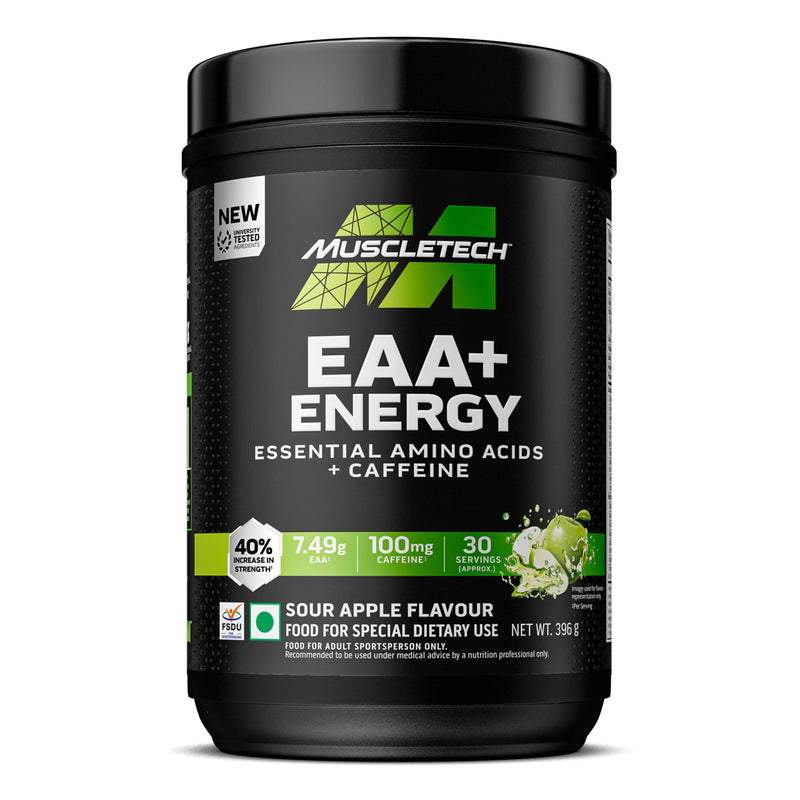 MuscleTech Eaa + Energy | Essential Amino Acids + 100Mg Caffeine | Replenish Electrolytes | Ultimate Recovery 7.4 G Eaa | 4.5G Bcaa | 3G Leucine | 30 Servings | Sour Apple, Powder