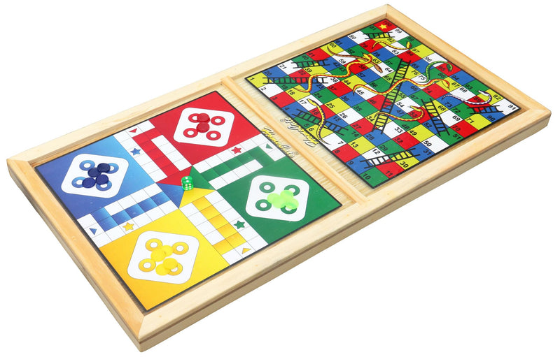 Homecute Wooden Fastest Finger Board Game with Ludo and Snake and Ladder 3 in 1, Indoor Games for Kids, Fast Sling Puck Board Game for Adult Parent Kids Children Family.