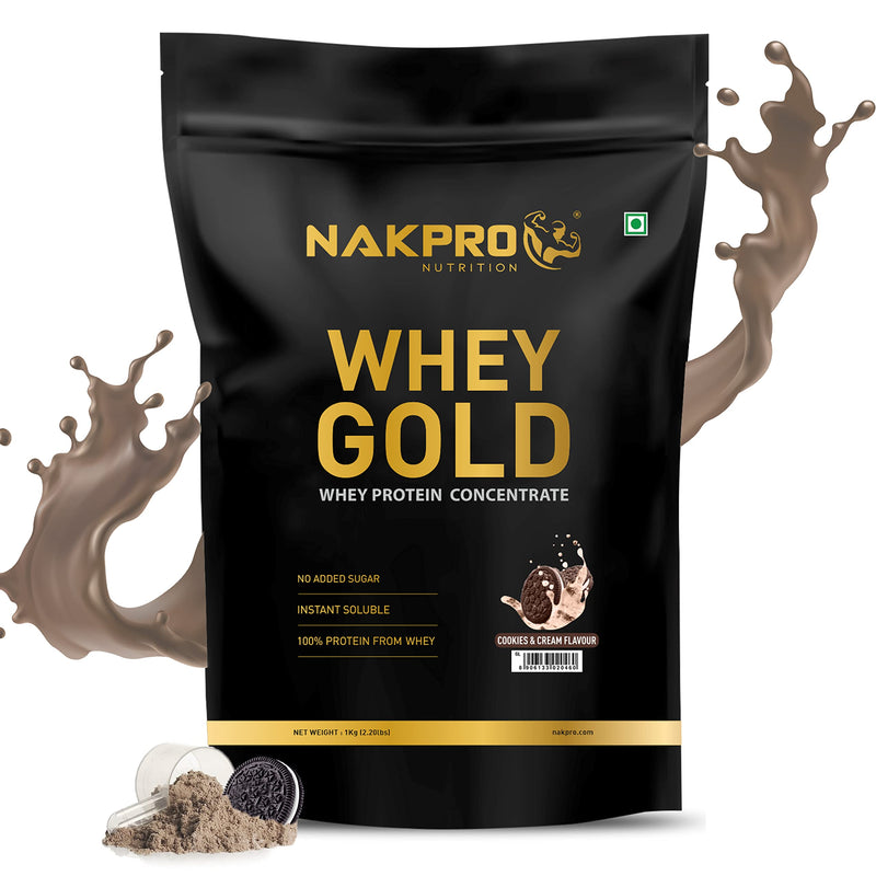 NAKPRO Gold Whey Protein Concentrate | 25.46g Protein, 5.57g BCAA | Muscle Gain, Strength, Muscle Recovery, Fast Absorbing Protein Supplement Powder (1 Kg, Cookies & Cream)