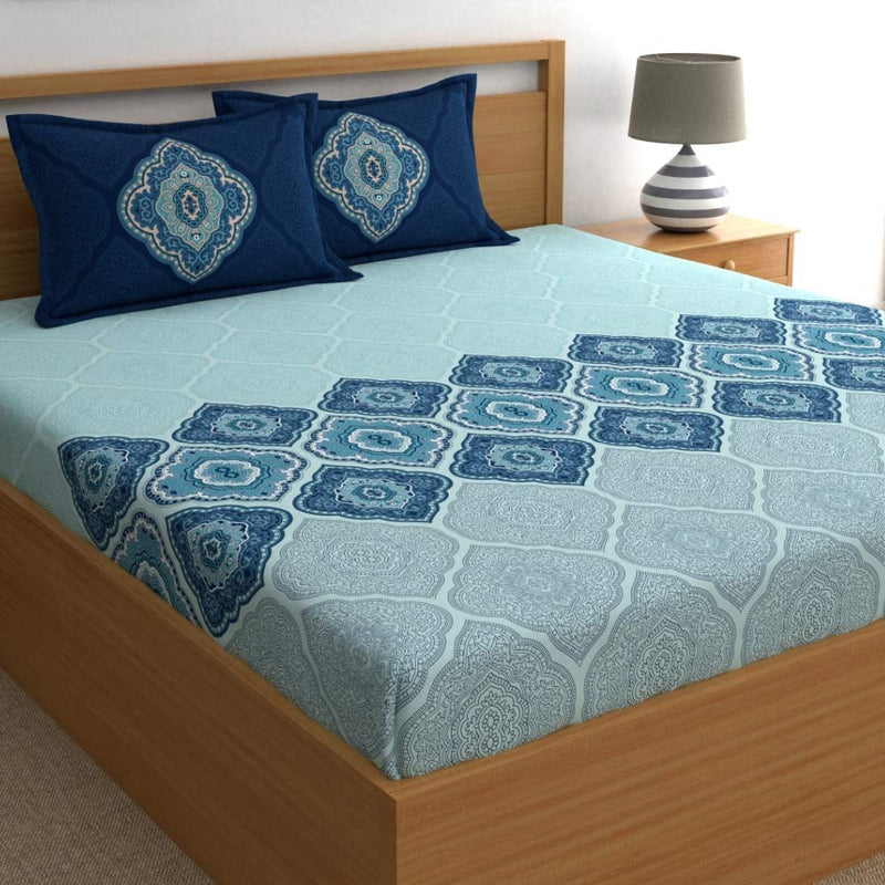 Dreamscape 100% Cotton Fitted King Bedsheets With 2 Pillow Covers Cotton,144Tc Ethnic Blue Bedsheets For King Bed Cotton 72" X 78" Or 6Ft X6.5Ft,144 TC