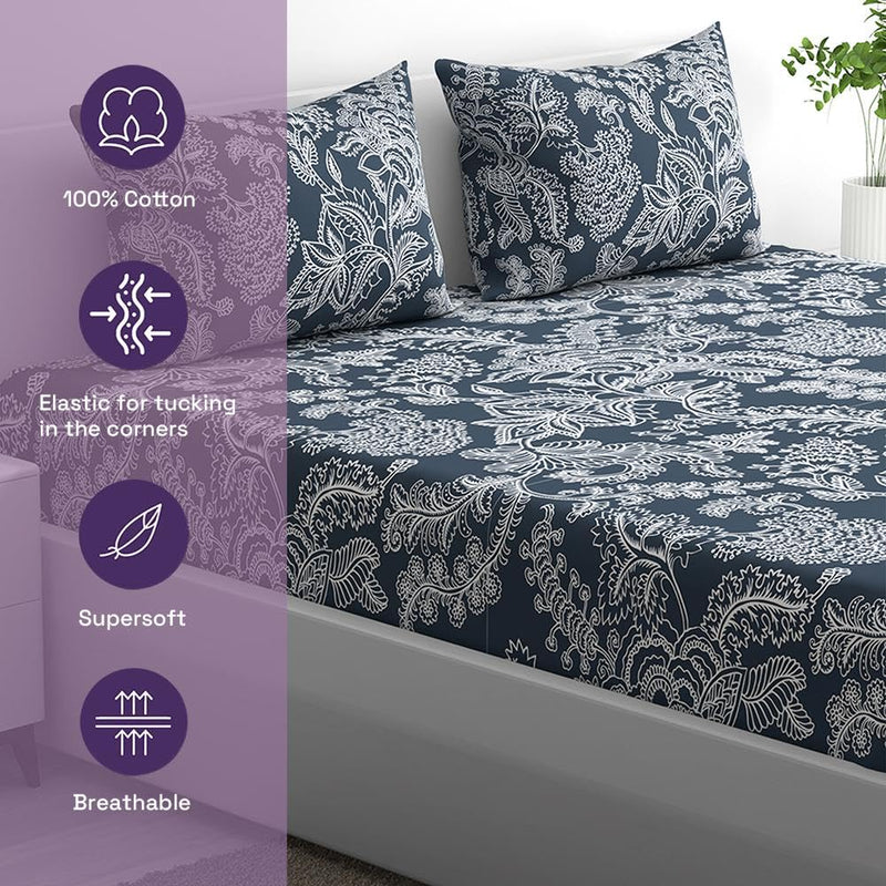 100% Cotton 152 TC Fitted Bedsheet with 2 Covers | Bruno Queen, 78" x 60", Bruno| 1.98m x 1.52m