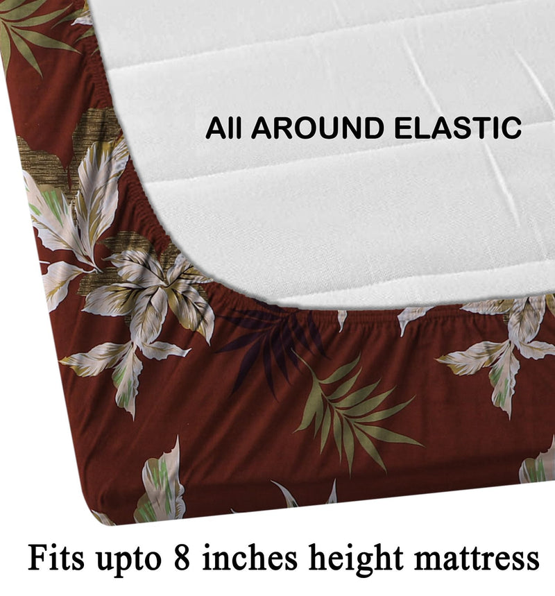 Crafts Hub Cotton Feel Glace Cotton All Around Elastic Fitted Printed King Size Double Bed Bedsheet With 2 Pillow Covers(72X78X8 Inch) Fits Upto Mattress Of 8 Inches | Brown (1350Fitted), 180 TC