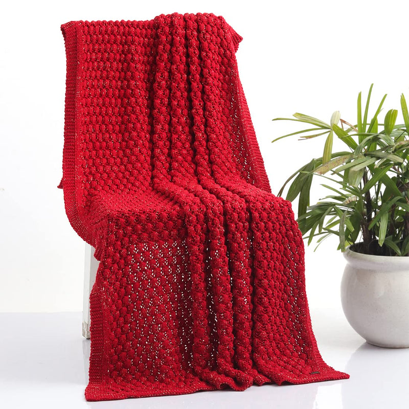 Pluchi Popcorn - Red with Gold Metallic Yarn 100% Cotton Knitted All Season AC Throw Blanket, 125 Cm x 150 Cm