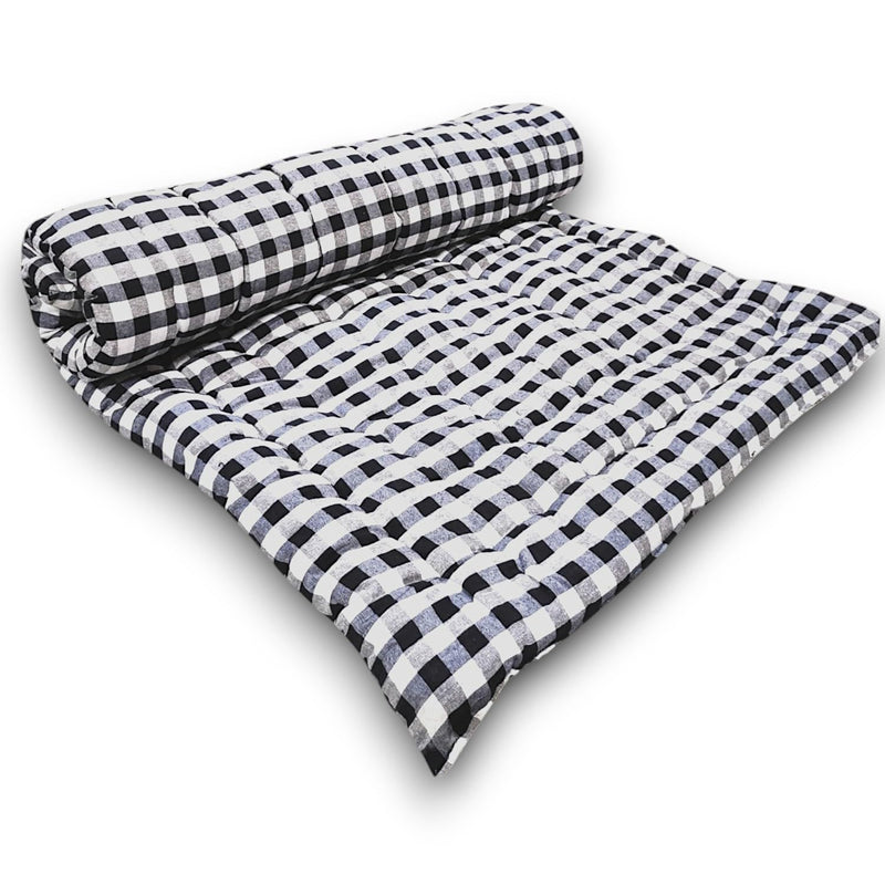 ATOOTFUSION Soft Thick Premium Cotton Quilt|Movable Foldable Rollable Light Weight Filled Single Firm Cotton Mattress|Gadda(Ghingam Plaid,1 Sleeping Capacity,Black&White Check (72X60 Inches, Queen)