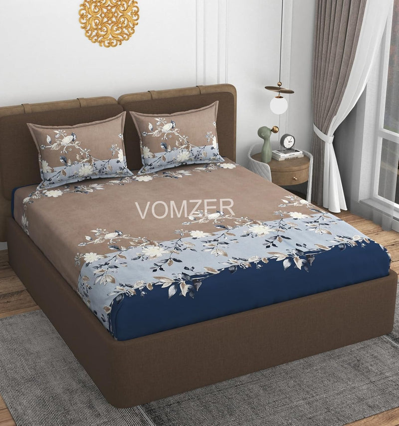 VOMZER Cotton Feel Glace Cotton Elastic Fitted Printed King Size Double Bed Bedsheet with 2 Pillow Coverm Fits Upto 8 inches Mattress,Size- 72x78x10 Inches Blue