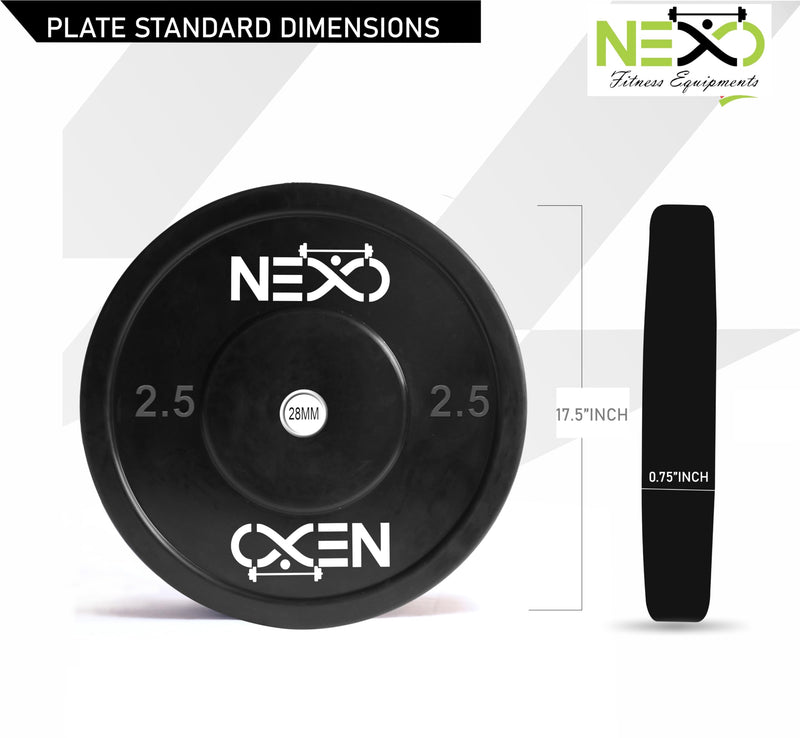 NEXO Black Olympic Professional Bumper Exercise Rubber Plates | Gym Weight Dumbbell Plates | Home gym equipment for Men & Women | 28mm Olympic Barbell | 5kg set of 2 Plates (2.5kg x 2)