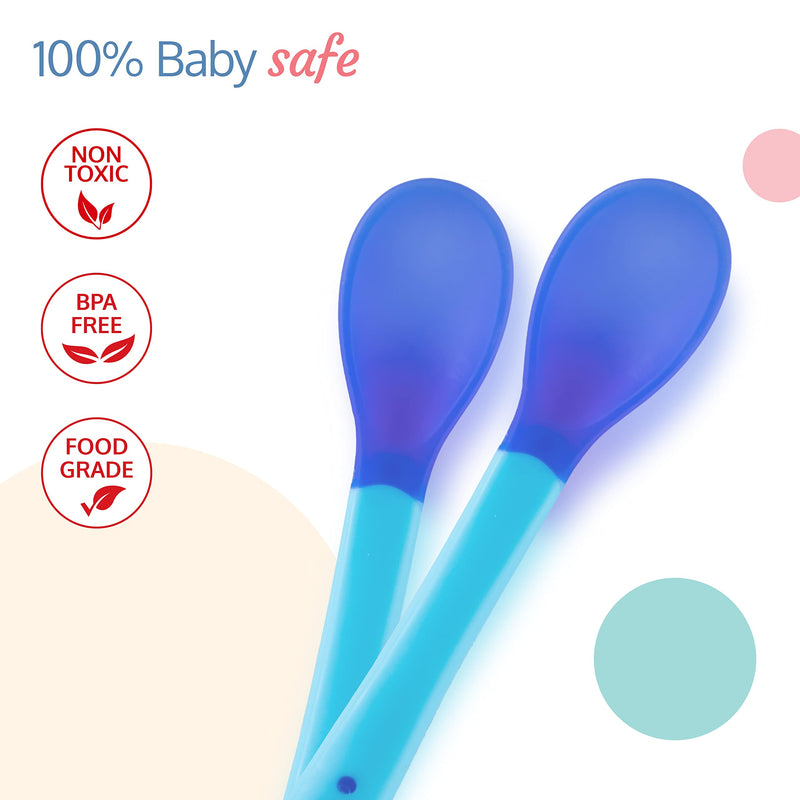 LuvLap Tiny Love Heat Sensitive Baby Feeding Spoons Set|Food Grade PP Kids & Baby Spoon with Soft Silicone Tip| Color changing| BPA Free| FDA Apporved|2 pcs Blue,13 centimeter