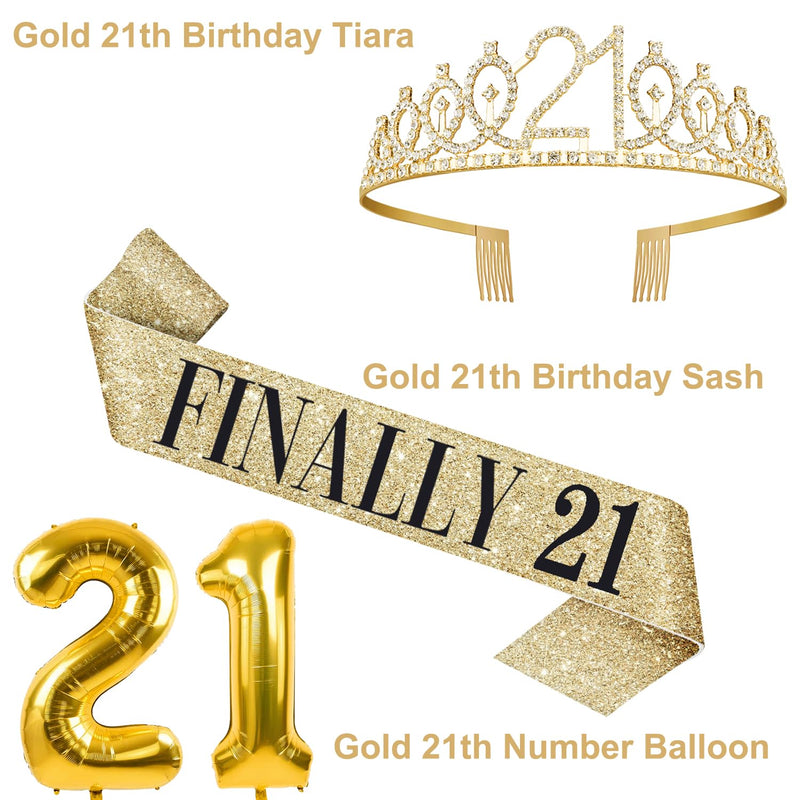 21st Birthday Decorations For Her Include 21st Birthday Tiara and Finally 21 Sash , 21st Birthday Cake Topper and 21 Birthday candles, Gold 21 Balloons, 21st Birthday Gifts for Her Set (Gold)