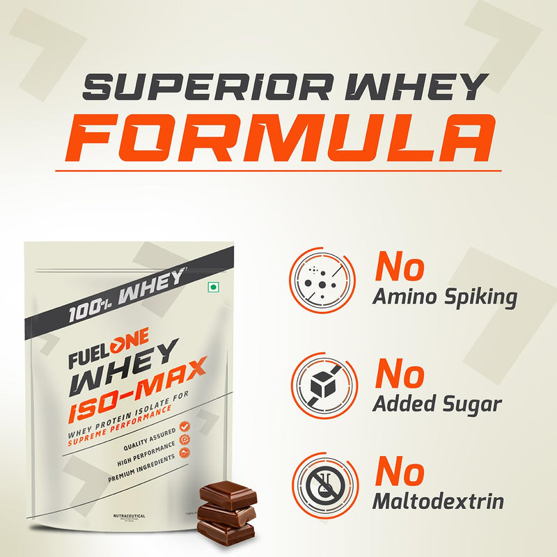 FUELONE Whey Iso-Max, Whey Protein Isolate, 28G Protein (Chocolate, 1Kg / 2.2Lb), No Added Sugars Or Maltodextrin