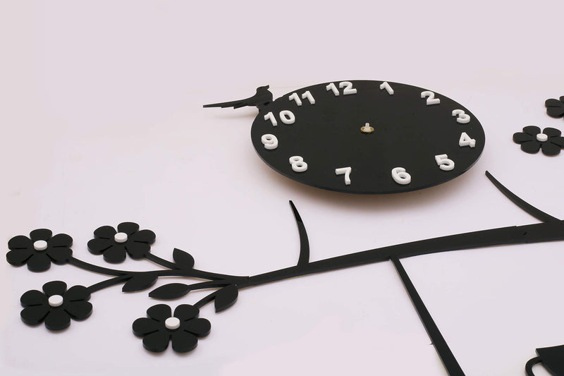 invision1 Plastic 3D Acrylic Tree Birds Coffee Cup On Jhula Design Wall Clock (Black, 69.9 x 41.9 x 1.3 cm) Analog