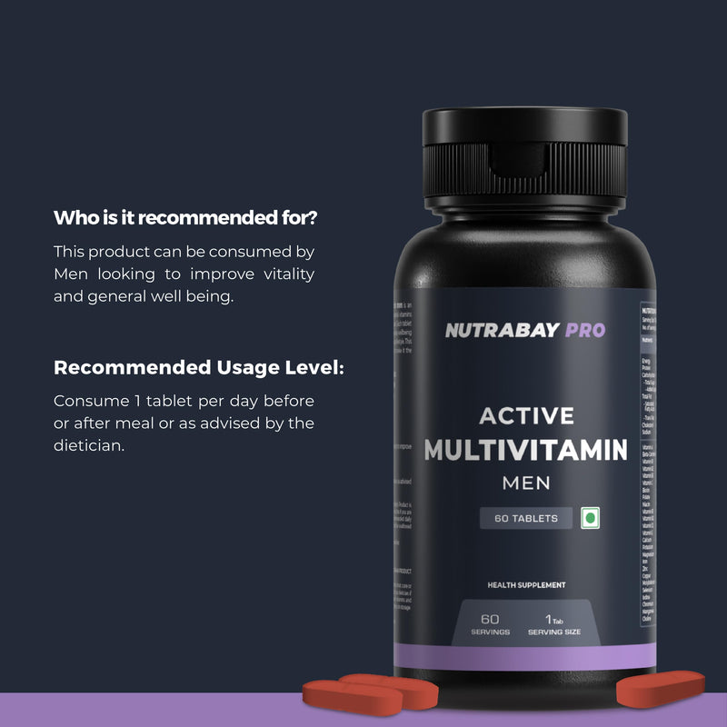 Nutrabay Pro Active Multivitamin for Men - 60 Tablets | 25 Vital Vitamins & Minerals with Zinc, Vitamin C, Vitamin D, Vitamin B12, and Multiminerals | Enhances Energy, Stamina & Immunity