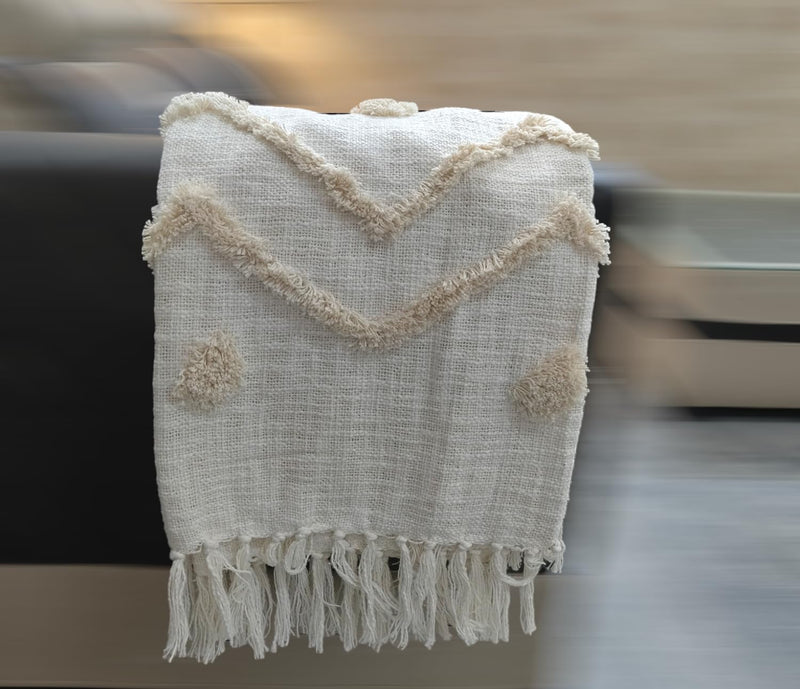 IQ INTERIOR QUOTIENT Sage White Throw Blanket for Sofa, Bed and Couch | Hand-Knitted | Sofa Throw 100% Cotton with Tassels | 150cm x 125cm | 60" x 50" | Pack of 1