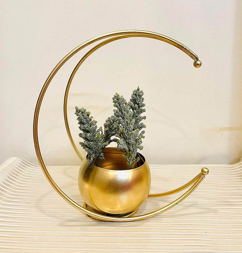 Afiya Impex Metal Flower Vase with Gold Finish | Geometric Half Moon Design Flower Pot Stand | Table Top Decorative Flower Pot | Gold Metal Flower Vase for Home and Office Side Table Decoration