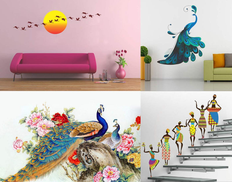 Walltech Vinyl Royal Peacock-(50 x 60 cms) | Modern Peacock-(90 x 75 cms) | Sunrise with Flying Bird-(48 x 179 cms) | Tribal Lady-(180 x 60 cms) - Combo of 4 Wall Sticker