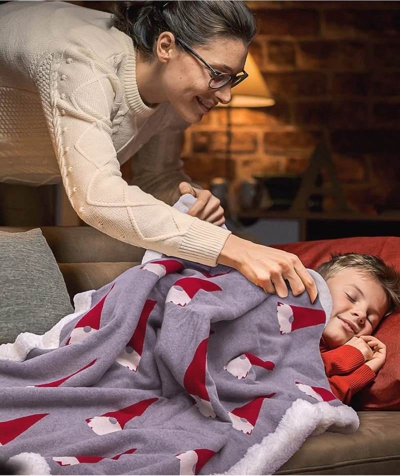 CORAL TREE Christmas Santa -Sherpa Blanket for Kids - Light Grey & Ivory Cotton Knitted Blanket with Santa Print Christmas Blanket