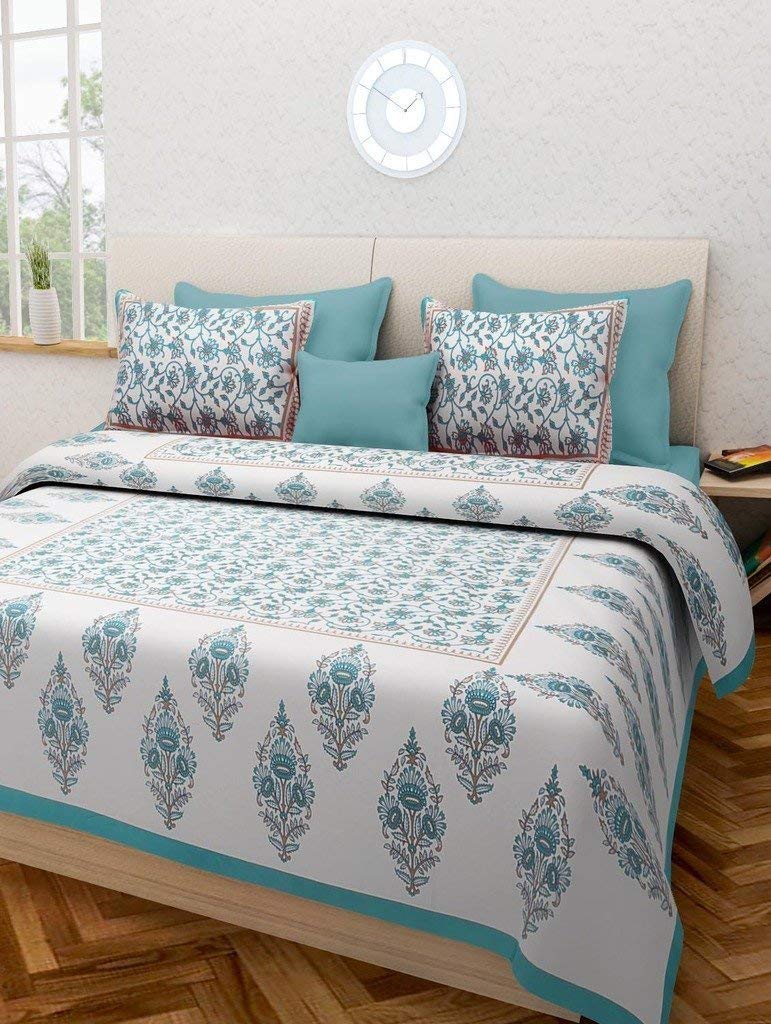 BedZone 100% Cotton Rajasthani Jaipuri Traditional King Size Double Bed Bedsheet with 2 Pillow Covers - Multi