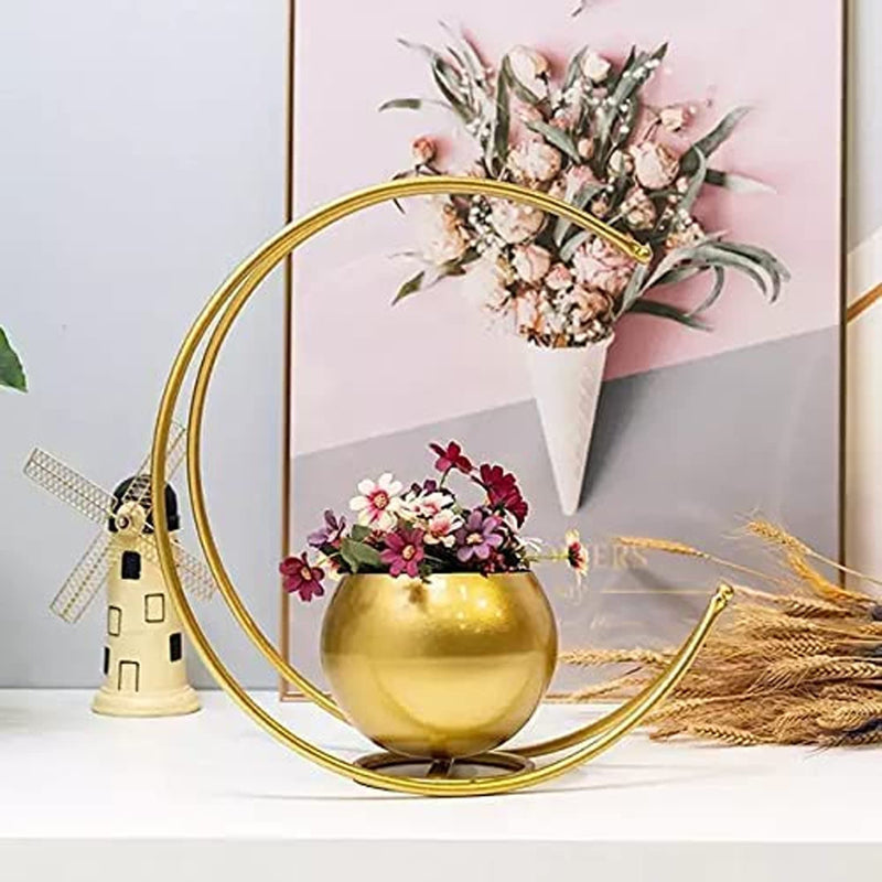 Wholesale J Mart Metal Flower Vase with Gold Finish | Geometric Half Moon Design Flower Pot Stand | Table Top Decorative Flower Pot | Gold Metal Flower Vase for Home and Office Side Table Decoration