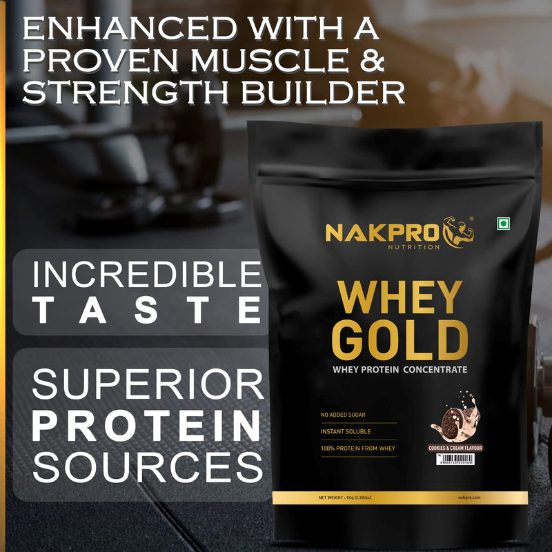 NAKPRO Gold Whey Protein Concentrate | 25.46g Protein, 5.57g BCAA | Muscle Gain, Strength, Muscle Recovery, Fast Absorbing Protein Supplement Powder (1 Kg, Cookies & Cream)