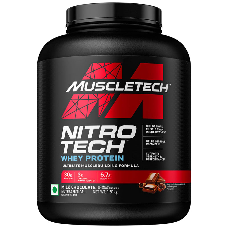 MuscleTech Nitro-Tech Whey Protein, 1.81kg (4lbs), Milk Chocolate, 30g Protein, 3g creatine monohydrate, 6.7g BCAA, ultimate muscle building formula, increase strength & performance