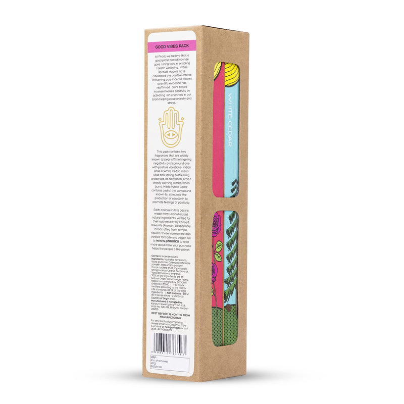 PHOOL LUXURY INCENSE Good Vibes Pack Of 2 Natural Agarbatti For Pooja - Indian Rose & White Cedar | Free Wooden Stand Sulpher & Charcoal Free | 100% Organic Incense Sticks