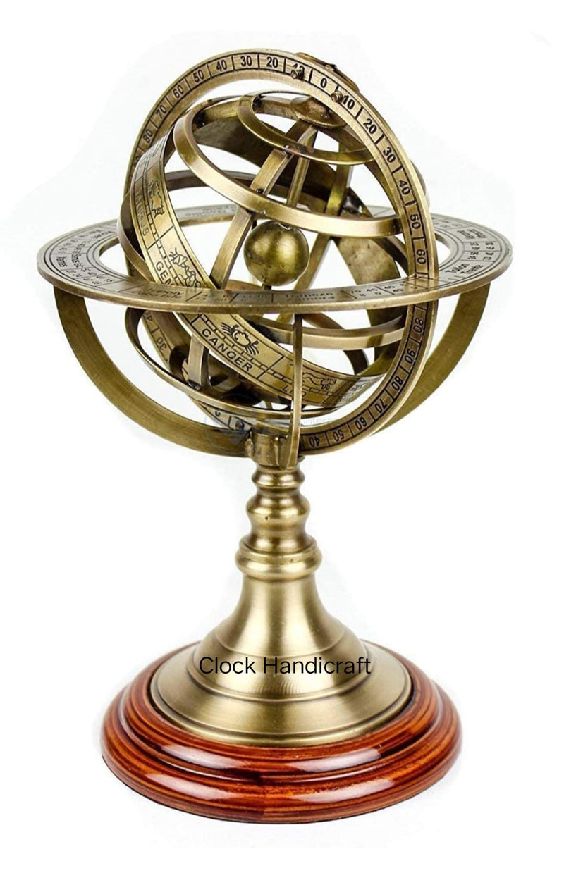 Clock Handicraft Pure Brass Base Wood Armillary Sphere Globes is a Beautiful Table Decor Designer 9 Inch