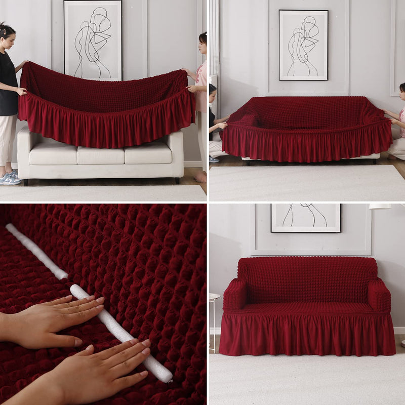 HOKIPO Stretchable Elastic Turkish Bubble Frill Cover for Sofa 3 Seater, Cherry Red (AR-4604-B5)