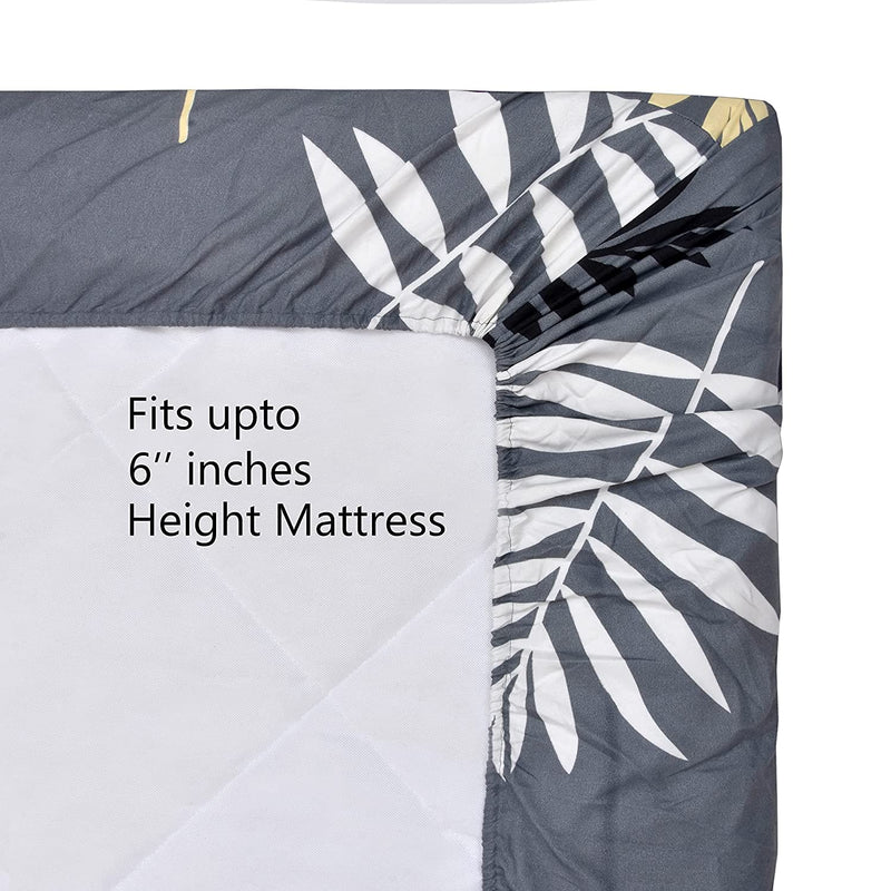 SpangleHomes 100% Soft Glace Cotton Elastic Fitted Single Bed Bedsheet with 1 Large Pillow Cover (Single Bed 42 x72x8 inches, Grey Leaves)