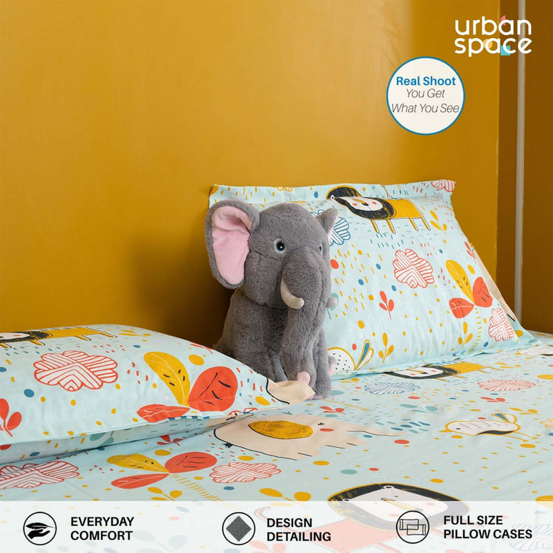 Urban Space Serene 200 TC 100% Cotton Bedsheet for King Bed, Kids Bedsheet, Cotton King Bedsheet with 2 Pillow Covers (Lion King Sky Blue, Size 108 x 108 inches)