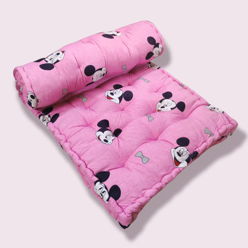 ATOOTFUSION Soft 5-Inch Thick Cotton Quilt Box Mattress | Gadda Medium Firm, Disney Mickey Mouse Pink Printed Box Mattress (Small Single (72X30X5 Inches))