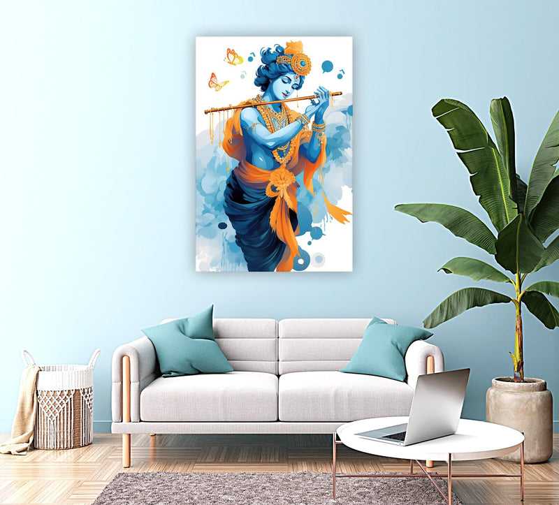 Indianara Rolled Sparkled Lord Krishna Art Print for Room Décor Digital Reprint 36 inch x 24 inch Painting (10710PST)