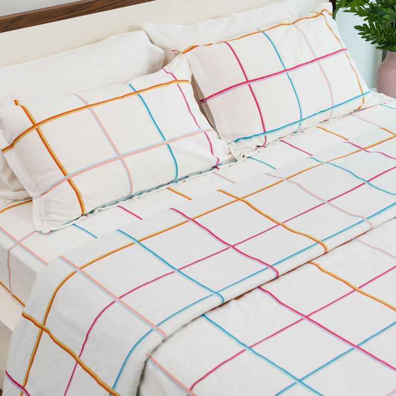 Haus & Kinder 100% Cotton Queen Size Bedsheet for Double Bed, 1 Cotton Bed Sheet Double Bed (90 X 100 Inches) with 2 Pillow Covers | 186 TC Bed Sheet Double Bed Cotton | Rainbow Checks