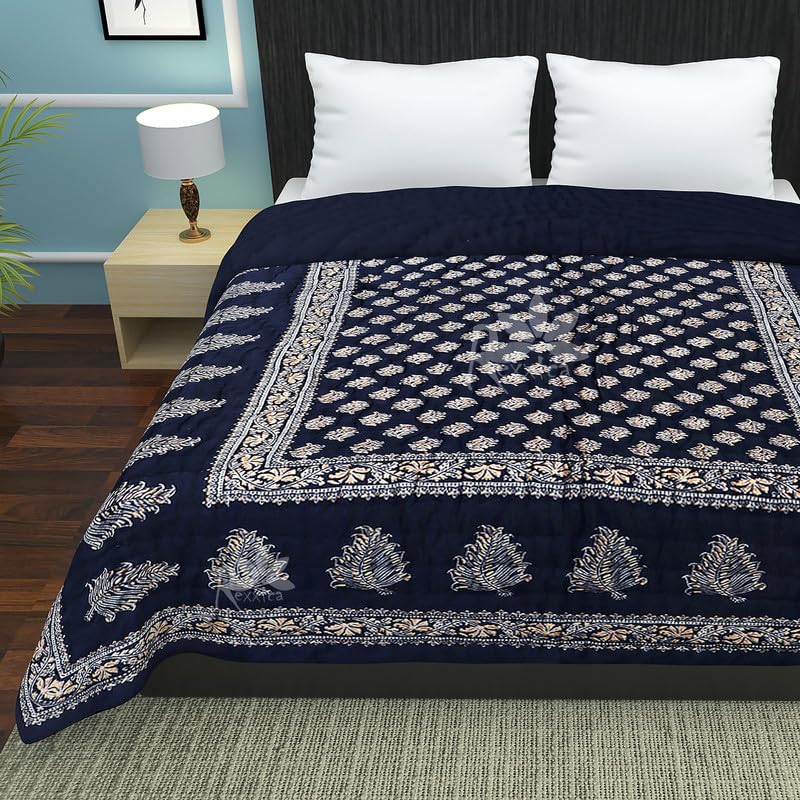 Rexxica Pure Cotton Jaipuri Razai Traditional Sanganeri Print Light Weight razai Duvets & Comforters Quilt/Blanket -(Single, Blue)