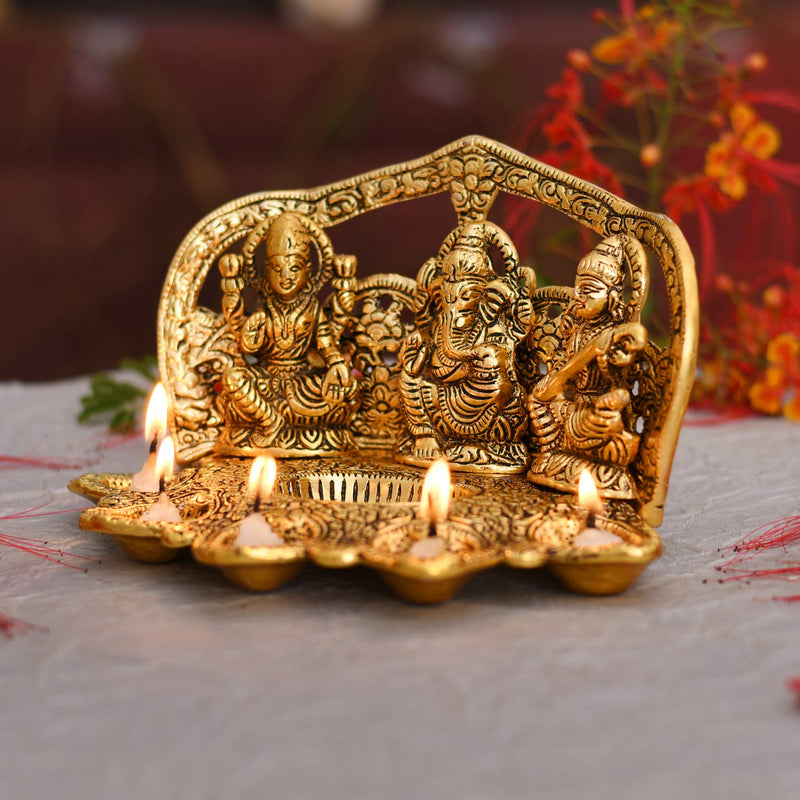 Collectible India Laxmi Ganesh Saraswati Idol Diya Oil Lamp Deepak - Metal Lakshmi Ganesha Showpiece Statue - Traditional Diya for Diwali Puja - Diwali Home Decoration Items Gifts (1) (1)