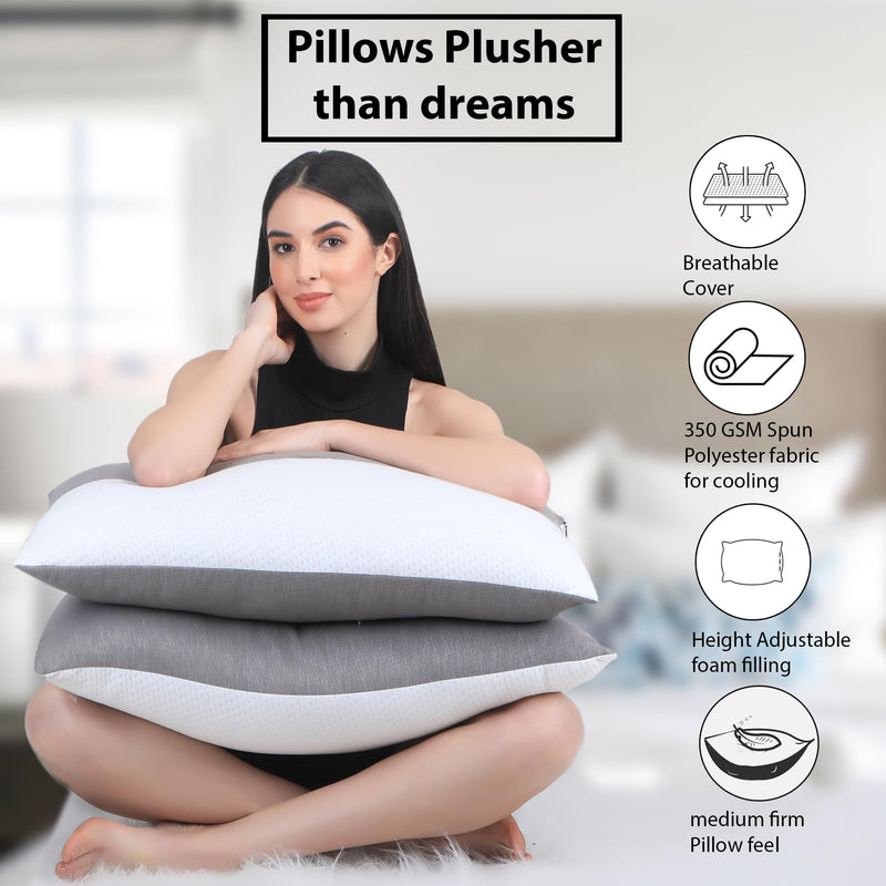 DAKSH Hollow Fibre Height Adjustable Pillow for Sleeping with Zip to Adjust The Height 17 x 27 Inch - Grey and White | Pack of 1