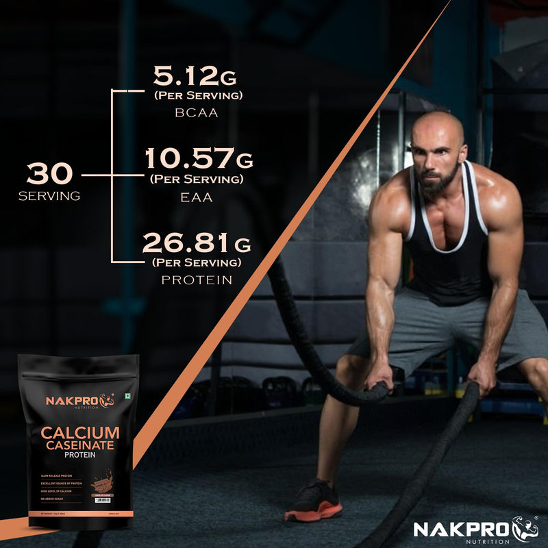 NAKPRO Calcium Caseinate | 27.88g Protein, 5.42g BCAA | Helps in Muscle Recovery | Slow Absorbing, Slow Digesting, Low Carbs Casein Protein Powder (1 Kg, Chocolate)