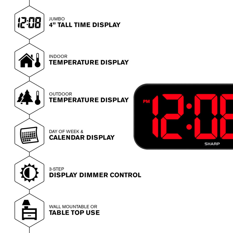 SHARP Large Oversized Screen LED Clock with Indoor and Outdoor Temperature with Outdoor Sensor, with Date and Day of Week ââ‚¬â€œ 14 inch Clock with 4 inch Digits