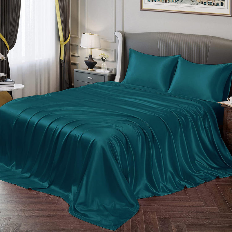 Cloth Fusion Satin Bedsheet for Queen Size Bed, Perfect for Romantic Night, Excellent Gift for All Celebrations, Set of 1 Satin Sheet 90"X100" & 2 Pillow Covers (Peacock Green)