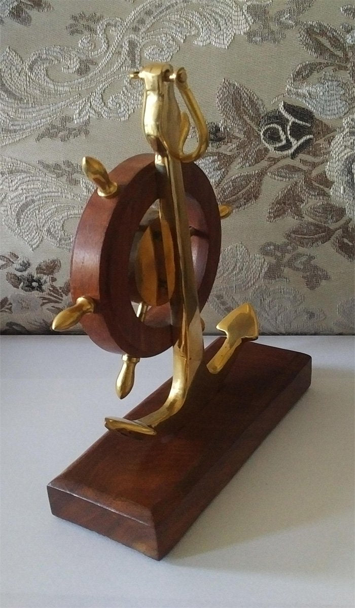 Antique Gifts Shipwheel Anchor Clock Brass Wooden Base Classic Table Top Excellent Gift Desktop Decor Utility Product