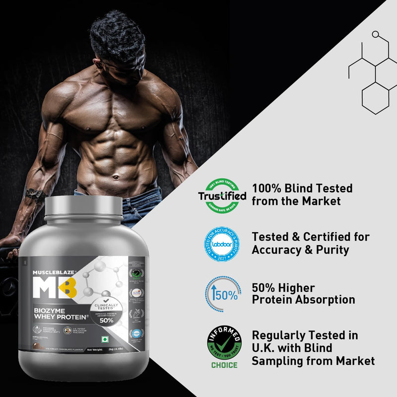 MuscleBlaze Biozyme Whey Protein, Blend of Whey Isolate & Concentrate | 25 g Protein Per Scoop (Ice Cream Chocolate, 2 kg / 4.4 lb)