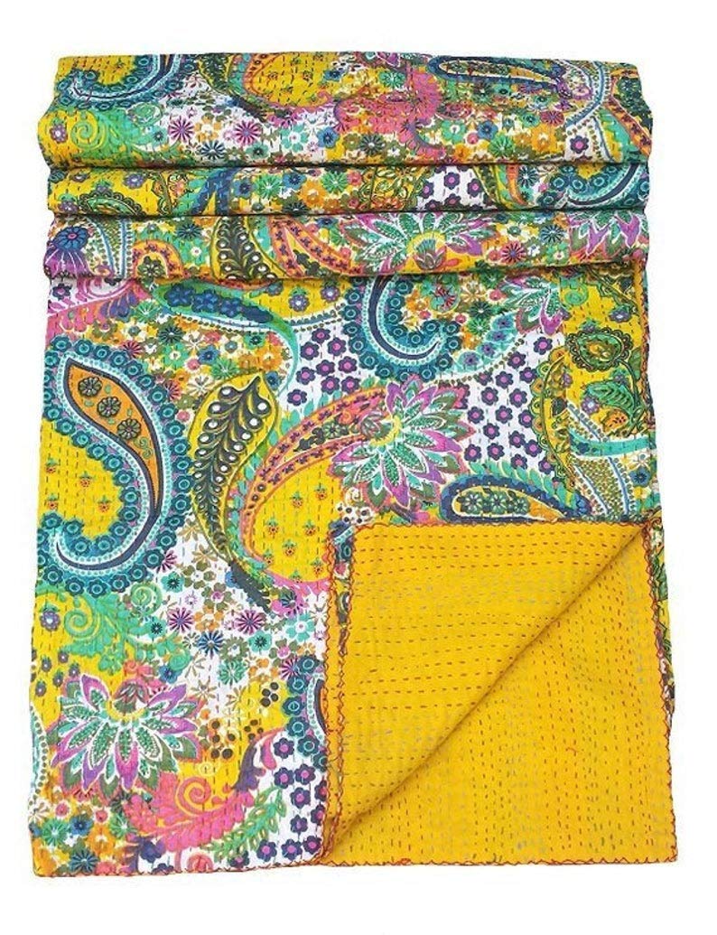 Textile Work Creations Kantha Quilt -Hippie Bed Cover Throw and Cotton Blanket Twin-Size Kantha Quilt Handmade 60 x90 inch Single Size