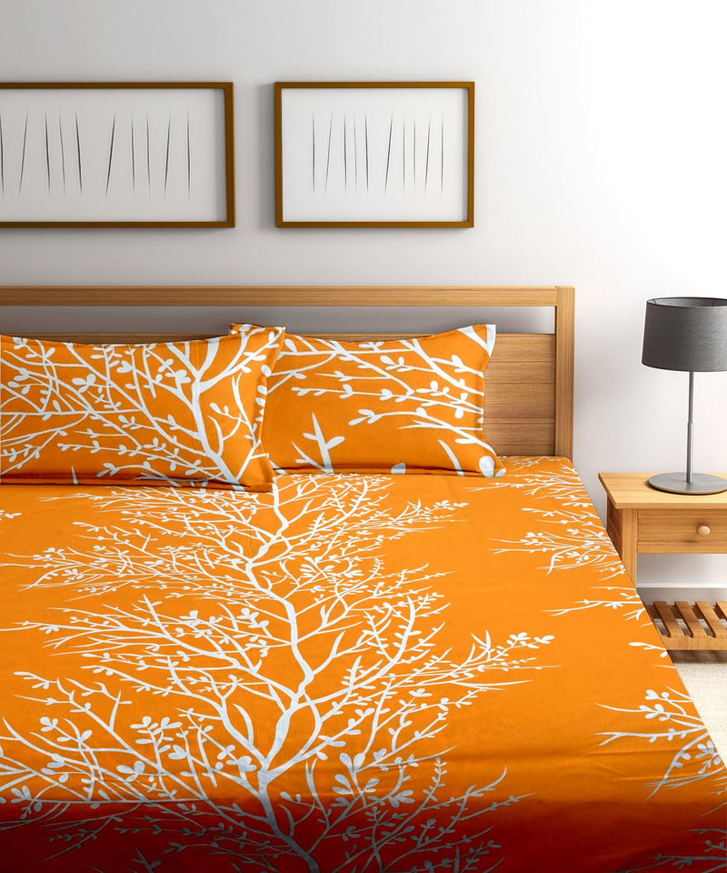 STITCHWELL 144 TC Wrinkle Resistant Cotton Bedsheet for Double Bed with 2 Pillow Covers - Orange