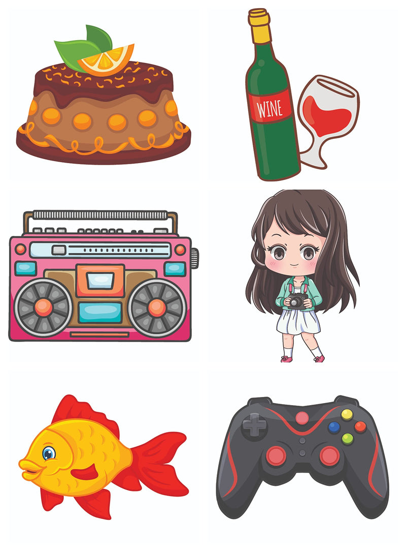 Bhai Please Chocolate Cake, Wine Bottle, Cassette Player, Girl with Camera, Fish and Gaming Console Wooden Fridge Magnet (Pack of 6 pcs, one pc Each Design)