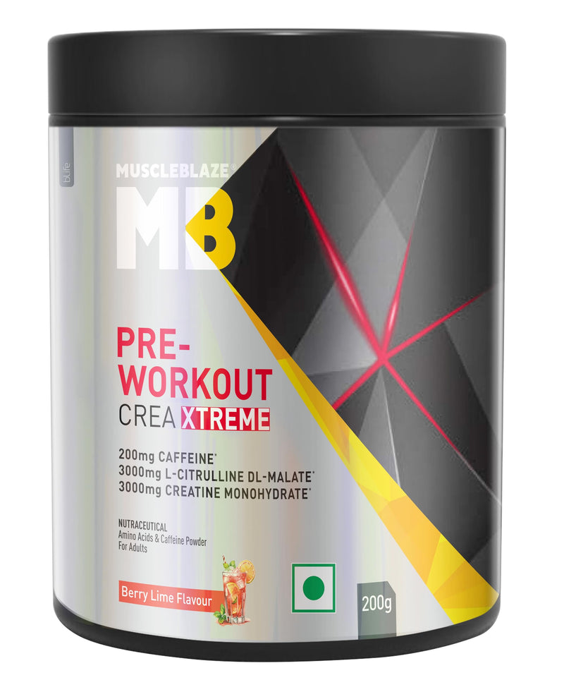 MuscleBlaze Pre Workout Crea-Xtreme (Berry Lime, 200g, 20 Servings) | 3000 mg Creatine Monohydrate, 200mg Caffeine, 200mg Theanine, 2000mg Beta Alanine