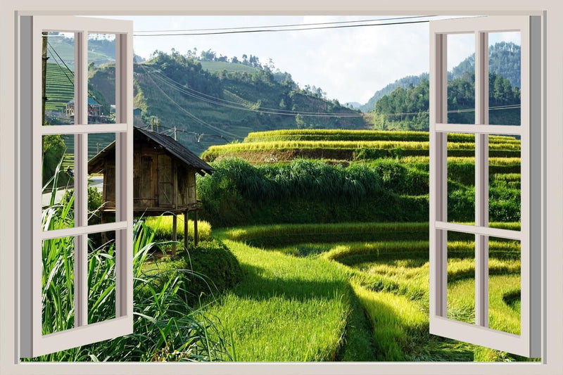 JVERF - JZZA33402 Vietnam Fields Sapa Hill| Self-Adhesive Open Window Wall Sticker