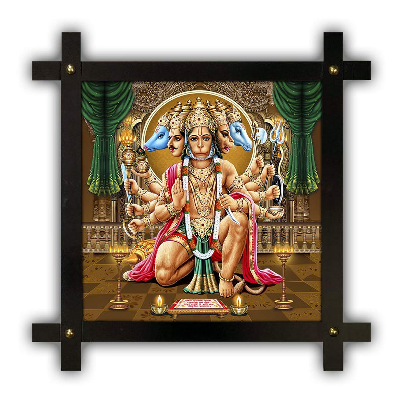 Poster n Frames Cross Wooden Frame Hand-Crafted with Photo of Panch mukhi Hanuman 20768-(16.5x16.5inch,Wood,Multicolour)