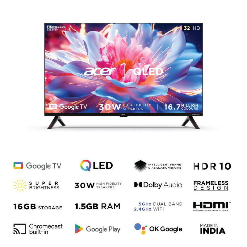 Acer 80 cm (32 inches) V Series HD Ready Smart QLED Google TV AR32GR2841VQD (Black)