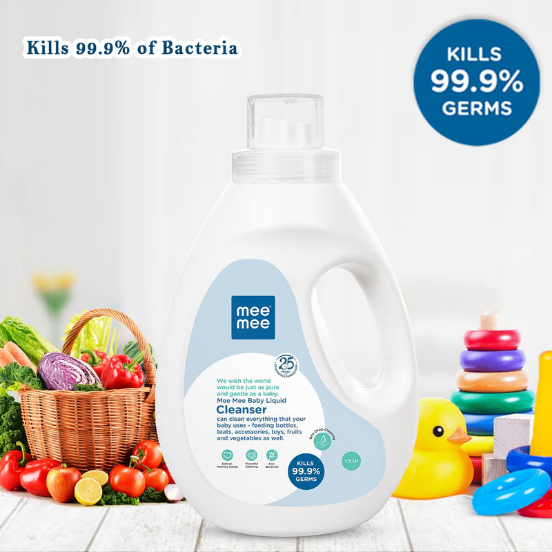 Mee Mee Anti-Bacterial Baby Liquid Cleanser, Kills 99.9% Germs | No Alcohol | Feeding Bottles | Bowls |Toys | Food | Accessories | Fruits & vegetables |(1.5 L - Bottle)