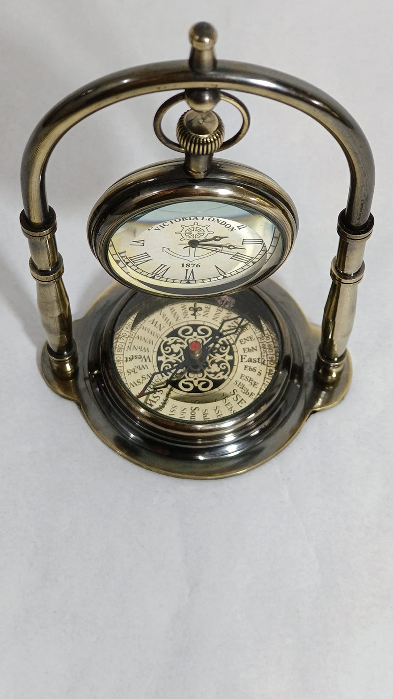 SOHRAB NAUTICALS Hanging Clock Ship Table Clock Brass Desk Clock Maritime Brass Compass with Antique Victoria London Pocket Watch Finish Antique Watch with Compass