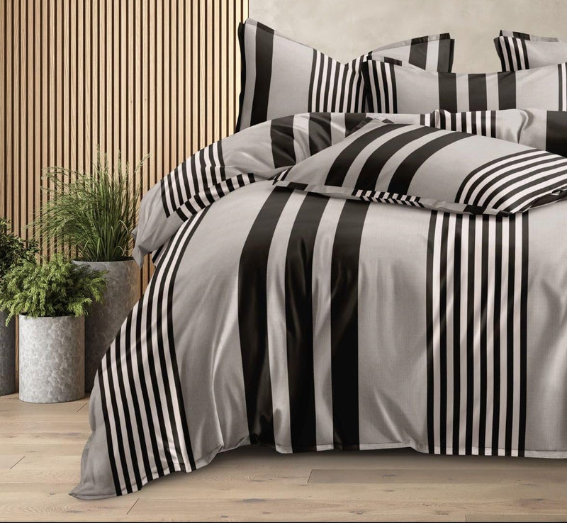 Castiqa Cotton Feels All Over Elastic Fitted Bedsheet Set Perfect Upto 10inch Mattress with 2 Matching Pillow Covers Size-18x28inch (King Size 72x78, Black Stripes)